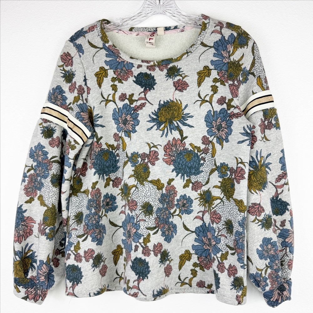 Dolan Left Coast Collection Floral French Terry Sweatshirt Gray Blue Medium